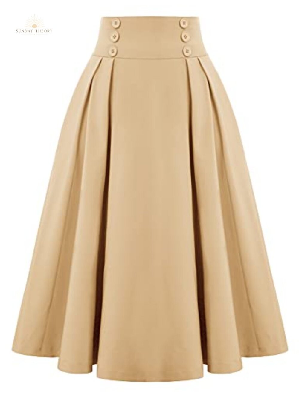 Pleated A-Line Midi Skirt with Pockets Elastic Waist Button Detail